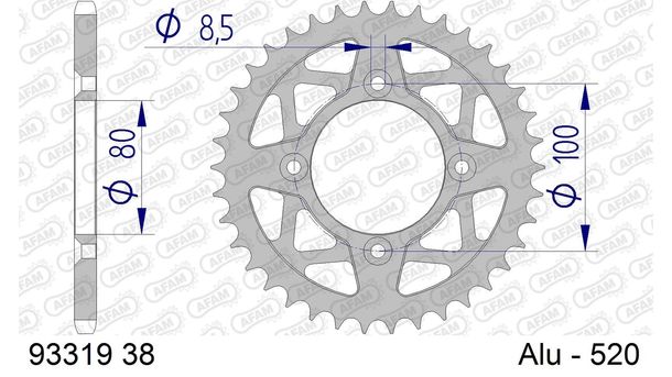 Kettenrad AFAM 520 LK 100 Ø 80 38Z 4-Loch Aluminium Silber