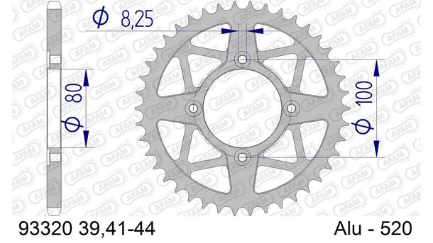 Kettenrad AFAM 520 LK 100 Ø 80 43Z 4-Loch Aluminium Silber