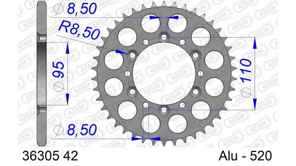 Kettenrad AFAM 520 LK 110 Ø 95 42Z 6-Loch Aluminium Silber