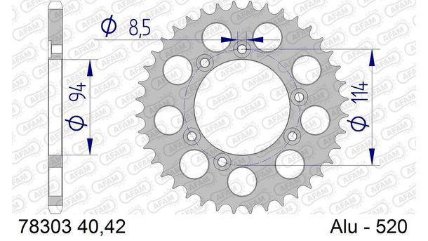 Kettenrad AFAM 520 LK 114 Ø 94 42Z 6-Loch Aluminium Silber