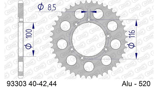 Kettenrad AFAM 520 LK 116 Ø 100 44Z 6-Loch Aluminium Silber