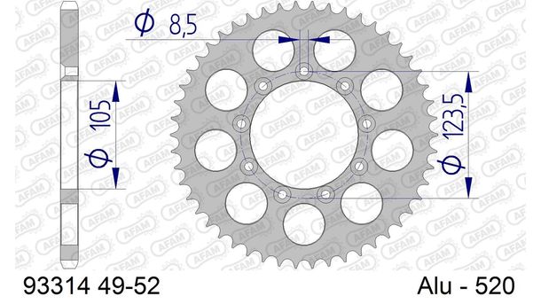 Kettenrad AFAM 520 LK 123 Ø 105 49Z 9-Loch Aluminium Silber