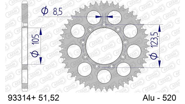 Kettenrad AFAM 520 LK 123 Ø 105 51Z 9-Loch Aluminium Gun Metal