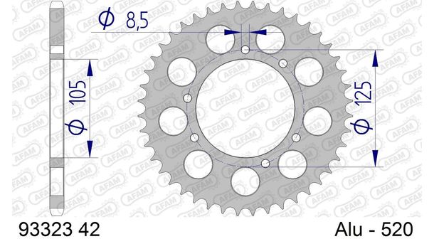 Kettenrad AFAM 520 LK 125 Ø 105 42Z 6-Loch Aluminium Silber