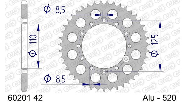 AFAM 520 LK 125 Ø 110 42Z 6-hole aluminum silver sprocket