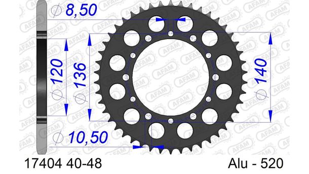 Kettenrad AFAM 520 LK 140 Ø 120 48Z 6-Loch Aluminium Gun Metal