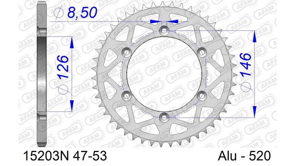 Kettenrad AFAM 520 LK 146 Ø 126 53Z 6-Loch Aluminium Silber