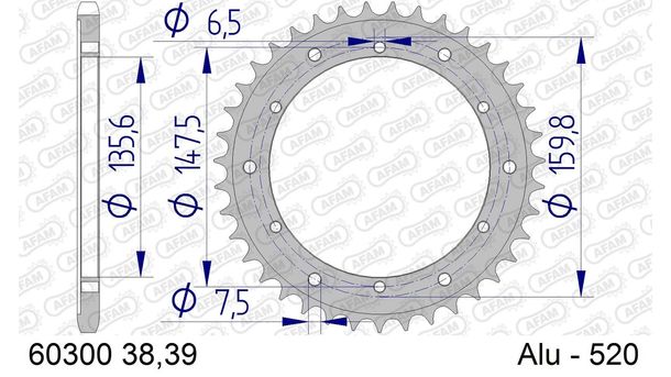 Kettenrad AFAM 520 LK 147,5 Ø 135, 39Z 6-Loch Aluminium Silber