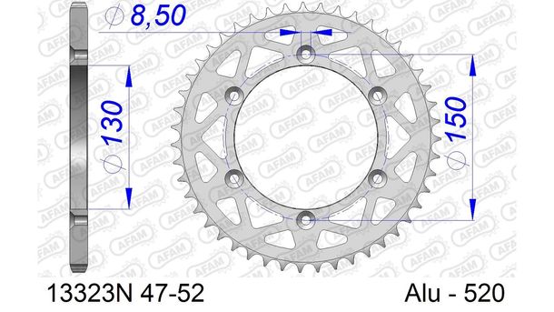 Kettenrad AFAM 520 LK 150 Ø 130 49Z 6-Loch Aluminium Silber