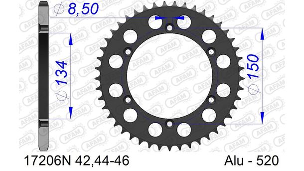 Kettenrad AFAM 520 LK 150 Ø 134 44Z 6-Loch Aluminium Gun Metal