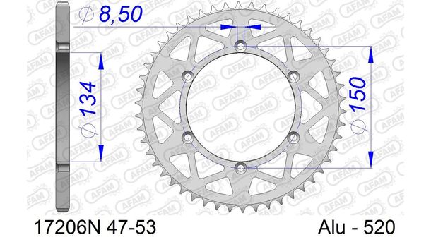 Piñón plateado de aluminio AFAM 520 LK 150 Ø 134 53Z