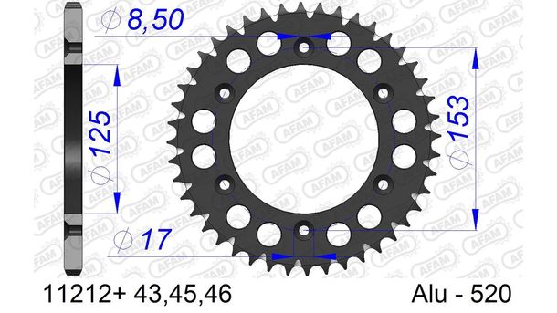 Pignon métallique AFAM 520 LK 153 Ø 125 46Z en aluminium à 6 trous