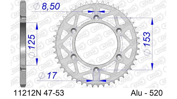 Kettenrad AFAM 520 LK 153 Ø 125 53Z 6-Loch Aluminium Silber
