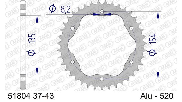 Kettenrad AFAM 520 LK 154 Ø 135 42Z 6-Loch Aluminium Gun Metal