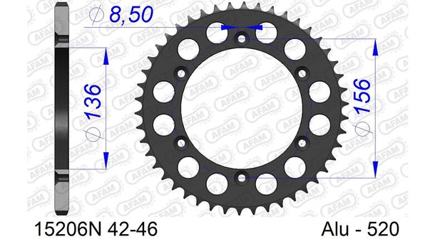 Kettenrad AFAM 520 LK 156 Ø 136 46Z 6-Loch Aluminium Gun Metal