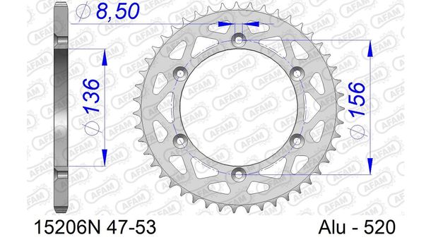 Kettenrad AFAM 520 LK 156 Ø 136 48Z 6-Loch Aluminium Silber
