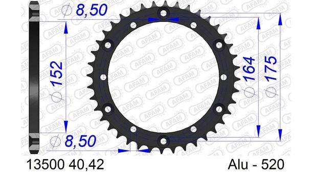 Kettenrad AFAM 520 LK 164 Ø 152 40Z 6-Loch Aluminium Gun Metal