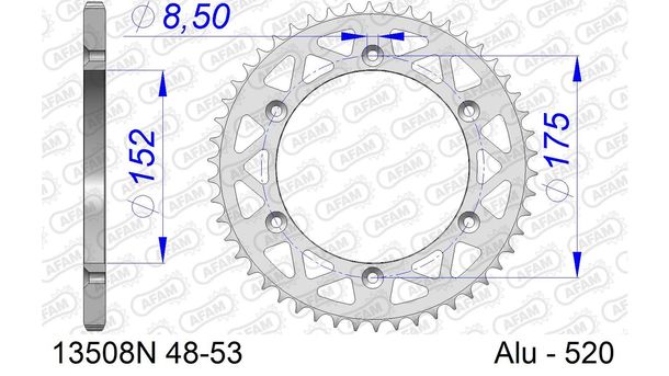 Kettenrad AFAM 520 LK 175 Ø 152 48Z 6-Loch Aluminium Silber