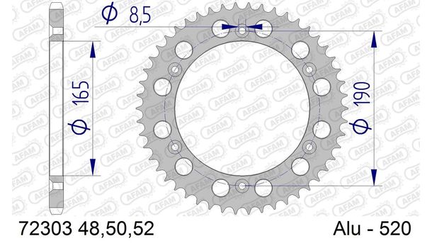 Pignon AFAM 520 LK 190 Ø 165 50Z en aluminium argenté à 6 trous