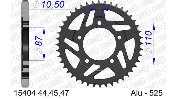 Pignone in alluminio a 5 fori AFAM 525 LK 110 Ø 87 44Z