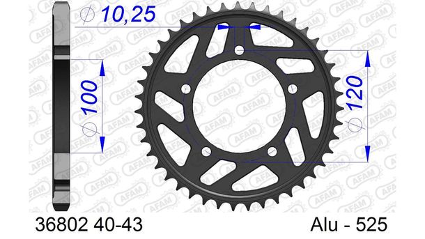 Pignon métallique AFAM 525 LK 120 Ø 100 42Z en aluminium à 5 trous