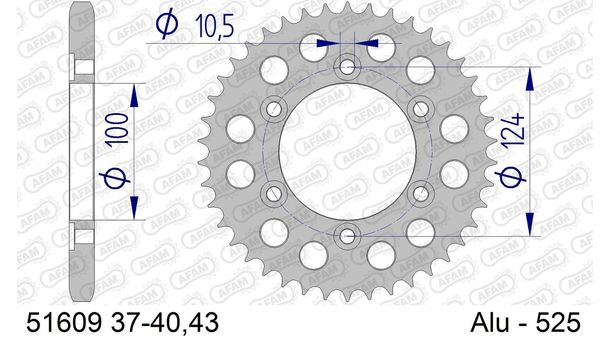 Pignon métallique AFAM 525 LK 124 Ø 100 37Z en aluminium à 6 trous