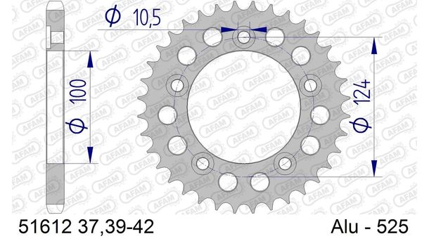 Piñón metálico AFAM 525 LK 124 Ø 100 42Z Pistola de aluminio con 5 orificios
