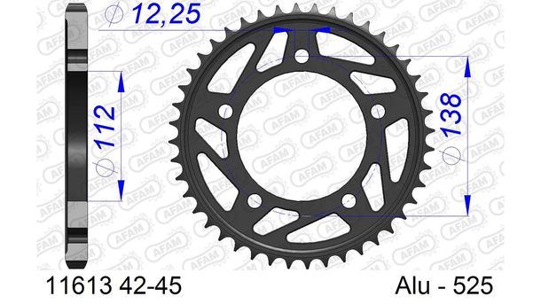 Pignone in alluminio a 5 fori AFAM 525 LK 138 Ø 112 43Z