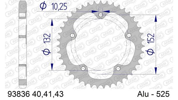 Pignon métallique AFAM 525 LK 152 Ø 132 43Z en aluminium à 5 trous