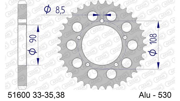 Kettenrad AFAM 530 LK 108 Ø 90 38Z 5-Loch Aluminium Gun Metal