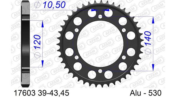 Kettenrad AFAM 530 LK 140 Ø 120 43Z 6-Loch Aluminium Gun Metal