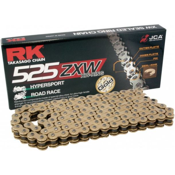 Chaîne RK XW-Ring 525ZXW/116, verrou à rivets, dorée
