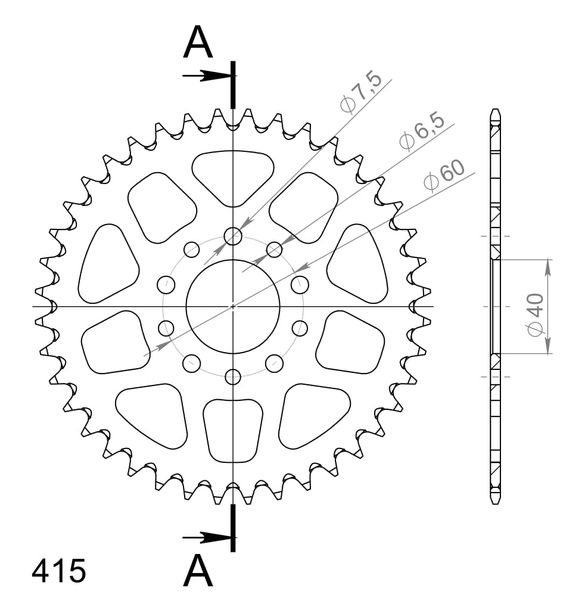 Supersprox 415 LK 60.0mm Ø 40mm 40Z 5-hole aluminum sprocket black