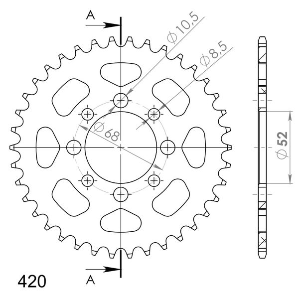 Kettenrad Supersprox 420 LK 68,0mm Ø 52mm 38Z 4-Loch Aluminium schwarz