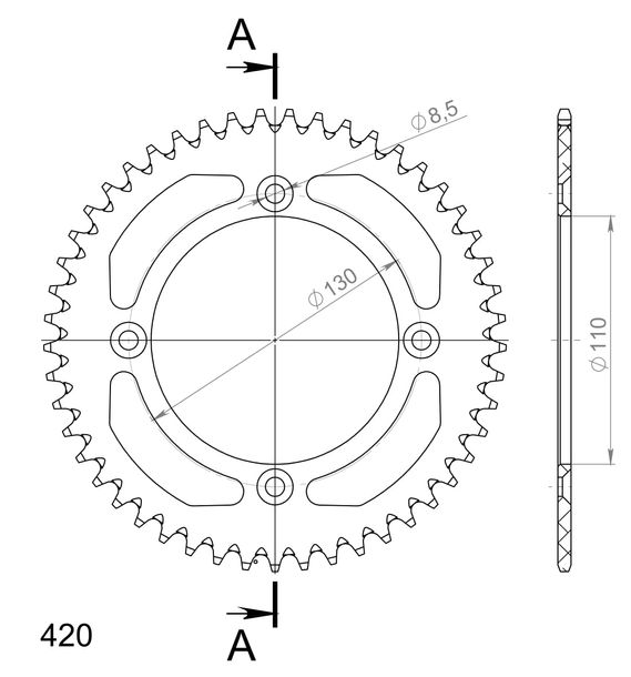 Piñón de cadena de aluminio Supersprox 420 LK 130,0 mm Ø 110 mm 49Z dorado