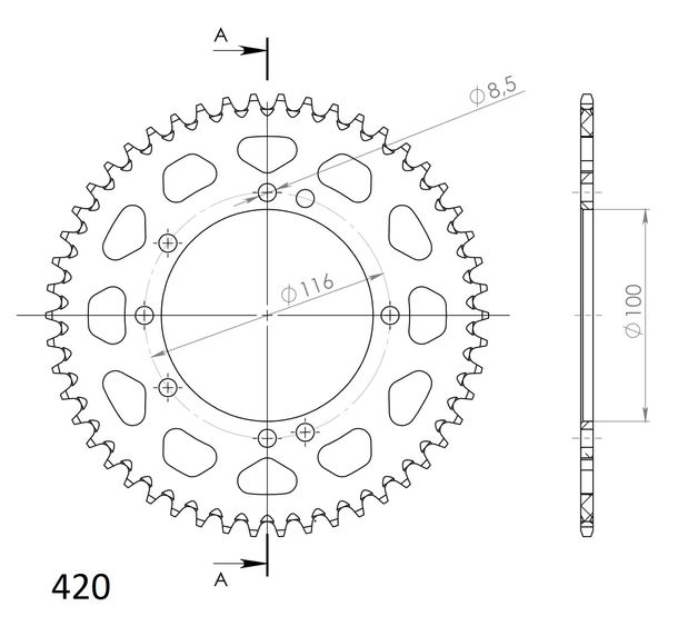 Supersprox 420 LK 116,0mm Ø 100mm 50Z Pignone in alluminio a 4 fori nero