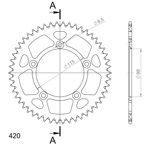 Piñón plateado de aluminio Supersprox 420 LK 115,0 mm Ø 98 mm 50Z con 5 orificios
