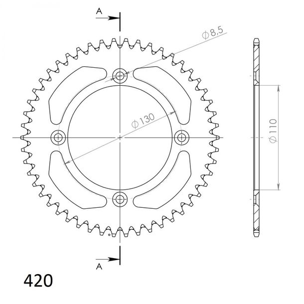 Pignon Supersprox 420 LK 130,0 mm Ø 110 mm 52T en aluminium doré à 4 trous