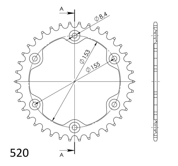 Supersprox 520 LK 155,0 mm de diámetro 153 mm 38Z, piñón de aluminio con 6 orificios, naranja