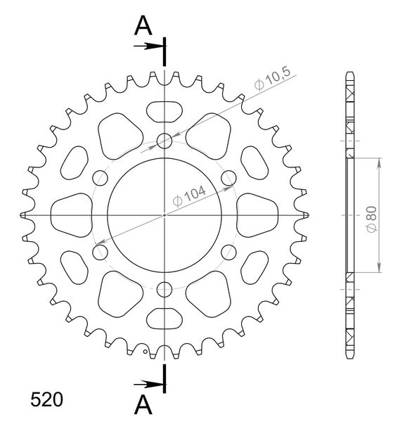 Supersprox 520 LK 104.0mm Ø 80mm 38T 6-hole aluminum sprocket black