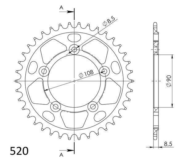 Pignon en aluminium Supersprox 520 LK 108,0 mm Ø 90 mm 38T noir
