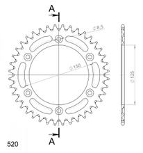 Pignon Supersprox 520 LK 150.0mm Ø 125mm 38Z 6 trous en aluminium argenté