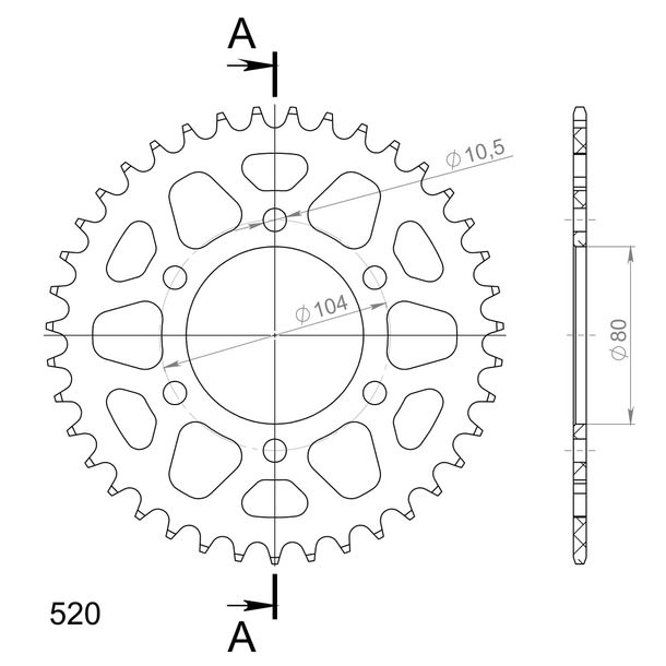 Kettenrad Supersprox 520 LK 104,0mm Ø 80mm 39Z 6-Loch Aluminium gold