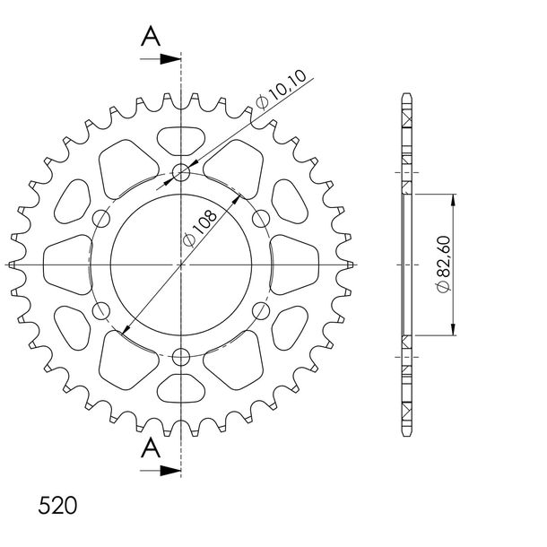 Supersprox 520 LK 108.0 mm diameter 82.6 mm 39T 6-hole aluminum chain wheel black