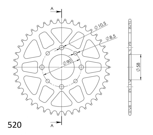 Kettenrad Supersprox 520 LK 90,0mm Ø 58mm 39Z 4-Loch Aluminium silber