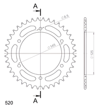 Supersprox 520 LK 145,0 mm Ø 125 mm 40Z pignone in alluminio a 6 fori rosso