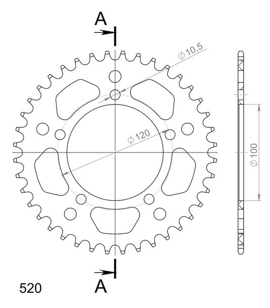 Supersprox 520 LK 120,0 mm Ø 100 mm 40Z pignone in alluminio a 5 fori nero