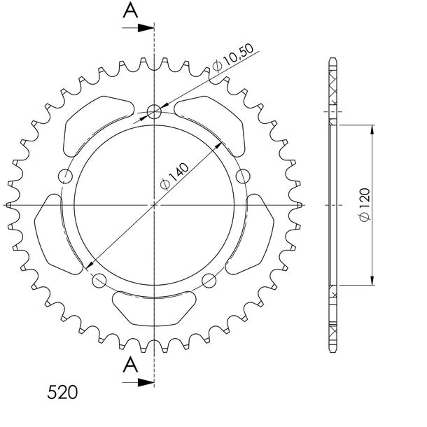 Pignon Supersprox 520 LK 140,0 mm Ø 120 mm 41Z en aluminium doré à 5 trous
