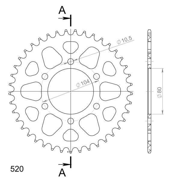 Kettenrad Supersprox 520 LK 104,0mm Ø 80mm 41Z 6-Loch Aluminium gold