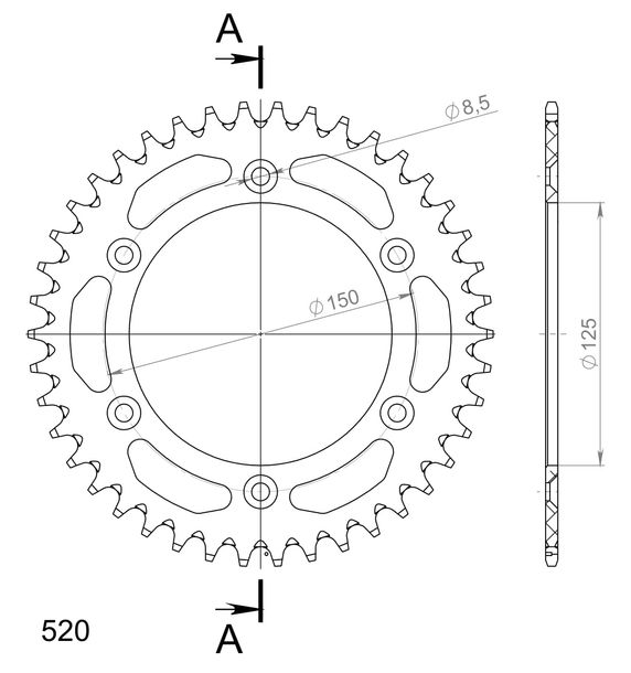 Kettenrad Supersprox 520 LK 150,0mm Ø 125mm 42Z 6-Loch Aluminium gold